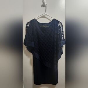 En Focus Navy Polka Dot Chiffon Cape Dress 14W